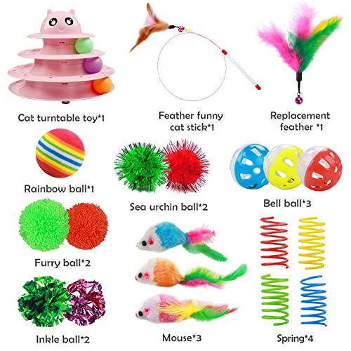 UPSKY 20 PCS Cat Toys Set with Teaser, Mice, Spring, and Various Ball Toys - color: B-Pink