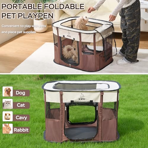 XRG Foldable Pet Playpen,Indoor Cat cage Puppy Crates M(31.5"x23.6"x21.7") - color: Brown, style: Medium（31.5"L x 23.6"W x 21.7"H）