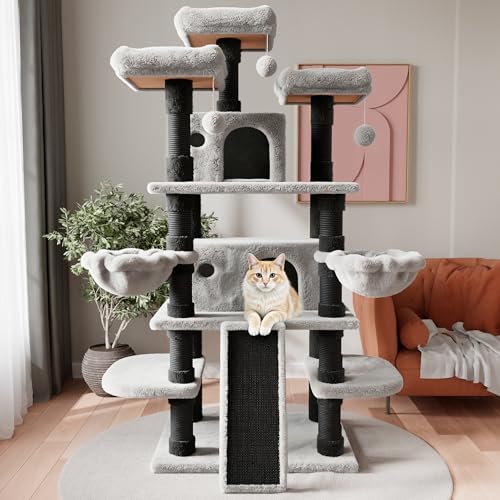 SHA CERLIN 68 Inches Multi-Level Large Cat Tree for Large Kitties/Big Cat Tower with Condo/Cozy Plush ‌Pussycat Perches/Sisal Scratching Posts and Hammocks/Activity Center/Black & Grey - color: Black & Grey, size: 68in