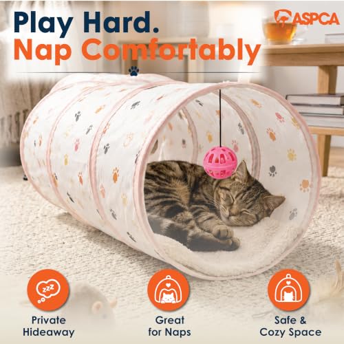 ASPCA Cat Tunnel with Rattle Toy – Interactive Collapsible Cat Tunnel for Indoor Cats, Crinkle Play Tunnel with Hanging Rattle Toy, Encourages Hiding, Chasing, Pouncing & Active Play, Paw Printed - color: Paw Printed