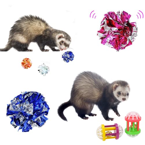 11 Pack Ferret Toys Set Mylar Crinkle Balls Hollow Sound Toy with Bell Interactive Exercise Scratch Play Chasing Toys for Indoor Pet Ferret Cat Kittens