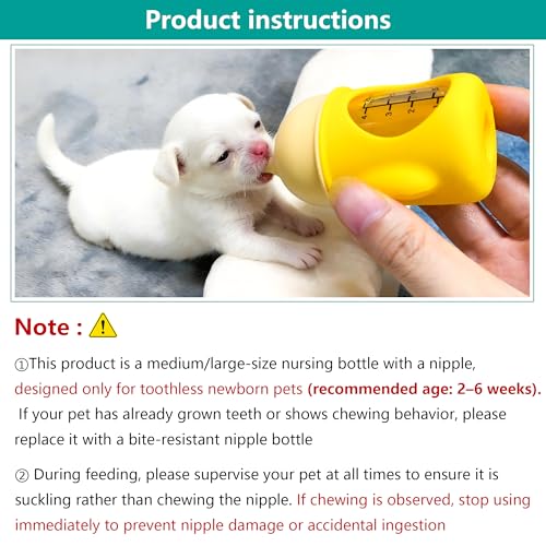 Puppy Nursing Bottle Medium/Large 80ml, Silicone Nipple Feeding Bottle for Newborn Puppies (2–6 Weeks), Yellow