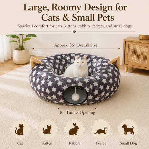 Large Cat Tunnel Bed Under Christmas Tree with Fluffy Toy Balls, Small Cushion and Flexible Design- 10 inch Diameter, 3 ft Length- Great for Cats, and Small Dogs, Gray Star Pattern - color: Gray Star, size: Tunnel Bed