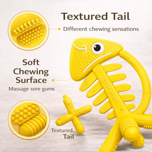 3 in 1 Infant Toys, Baby Teething Toys 3–6 6–12 Months, Teethers for Babies 0–3–6–12 Months for Teething Relief, Baby Gift, Baby Teether Toys, Silicone Sensory Toys, USA Patent Pending, Fish (Yellow) - color: Yellow