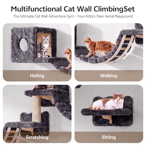 9-in-1 Cat Wall Shelves, Cat Wall Furniture Set with Bridge, Grey - color: Grey, size: 9-in-1