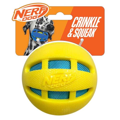 Nerf Dog 3.8in TPR Checker Squeak and Crunch Ball Dog Toy - Yellow with Blue Crunch Bag - size: 3.8in