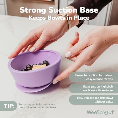 WeeSprout Suction Bowls for Baby & Toddlers (Set of 2) - 100% Silicone w/Plastic Lid - Leak Proof Feeding Supplies - Dishwasher & Microwave Safe Infant Dinnerware w/Extra Strong Base - color: Matte Pink/Purple