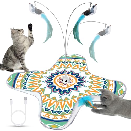Interactive Cat Toy, Rechargeable Cat Toys for Indoor Cats, Automatic Cats Chasing Toy, Hide & Seek, 2 Modes, Self-Holding Suction Base, 3-in-1 Feather Toys with 1 Teaser Pole, 4 Replacements