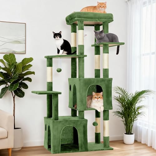 OUTLANE 60-Inch Multi-Level Large Cat Tree, Heavy Duty Cat Tower for Indoor Large Cats Adventure, Stable Furniture with Extra-Wide Top Perch, 2 Hideaway Condos, 7 Natural Sisal Scratching Posts and to - color: Green