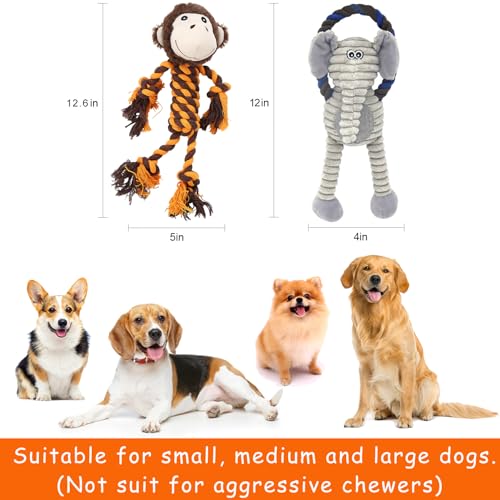 Monkey Rope Dog Toy, Plush Elephant Squeaky Dog Toy, 2 Pack - color: Brown & Grey