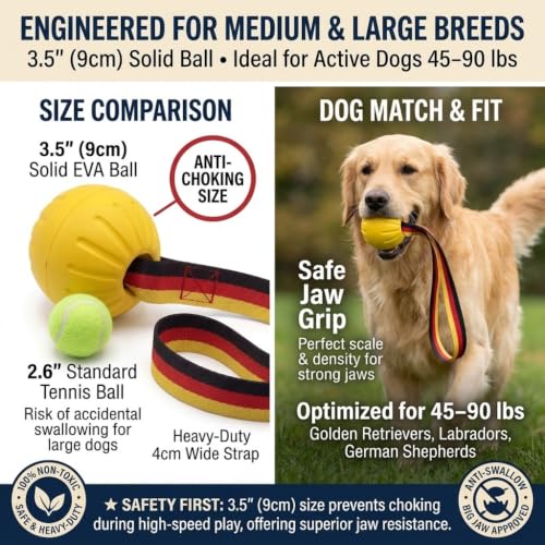 Dog Ball on Strap, Floating EVA Fetch Toy for Large Dogs 45+ lb - size: Large