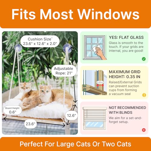Large Cat Window Perch with Industrial-Grade Suction Cups - Solid Pine Wood Hammock Bed, Soft Cushion - 42 lb Capacity for Heavy Cats Inside - color: Brown/White, size: X-Large