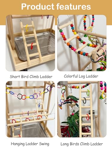 4-Tier Large Wooden Bird Playground with Trays Cups Ladder - Parrot Playstand, Birds Play Stand, Wood Perch Gym for Parrots Cockatiels - Durable Multi-Level Bird Activity Center
