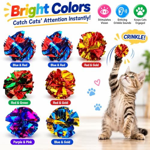 Cat Toys 20 Packs Interactive Crinkle Ball, 2.3 Inch Bright Colors Cat Ball Toys to Attract and Engage Cats, Promote a Healthy Lifestyle for All Breed Sizes Cats - size: 20 Packs