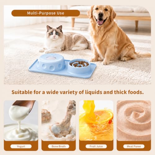 Slow Feeder Dog Bowl and Cat Water Bowl Set, 2 in 1 Pet Food and Water Bowl with Spill Proof Tray, Maze Puzzle Slow Eating Bowl for Cats and Dogs Blue - color: Blue, size: Double