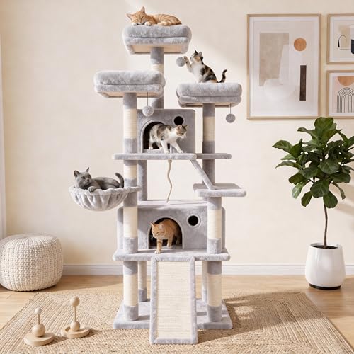 70 Inch Tall Cat Tree Tower for Indoor Cats, Multi-Level Large Cat Condo with Scratching Posts, Hammock & Perches, Sturdy Activity Center for Big Cats/Light Grey - color: Light Grey