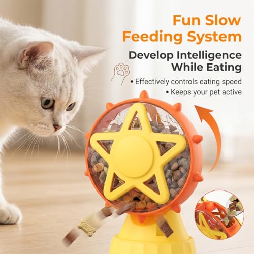 2-in-1 Interactive Cat Toy, Rotating Treat Dispenser with Strong Suction Cup & Teaser Wand, Adjustable Slow Feeder Puzzle Toy for Cats, Boredom Relief & Mental Stimulation Fits Kibble ,Treats (Yellow) - color: Yellow