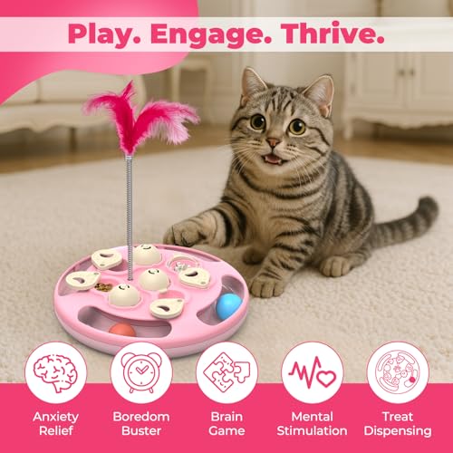 Cat Puzzle Feeder Toy, 3 in 1 Interactive Slow Feeder for Cats, Pink - color: Pink