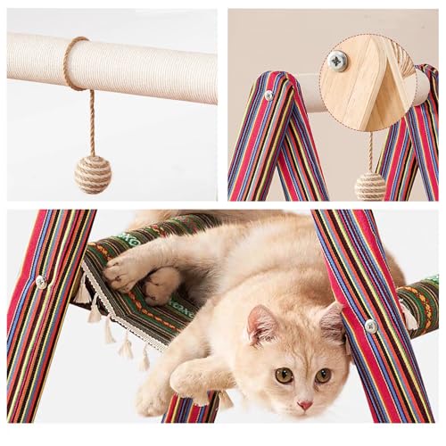 SHENGOCASE 3-Tier Modern Boho Style A Frame Wooden Cat Tree Tower Ladder with Multi-Level Bed Hammock for Large Cat and Sctatching Post, Hanging Toy Ball (Boho) - color: Boho