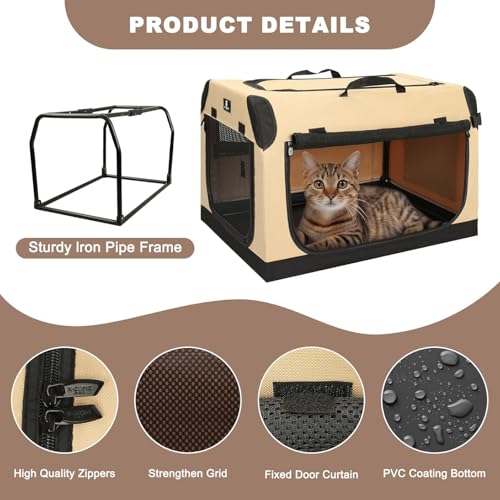 X-ZONE PET 3-Door Portable Soft-Sided Folding Soft Dog Travel Crate Collapsible Pet Kennel,XX-Large, 40 x 27 x 27 Inches,Tan - size: 40.0"L x 27.0"W x 27.0"H