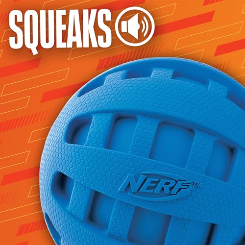 Nerf Dog Rubber Ball Dog Toy with Checkered Squeaker, Lightweight, Durable and Water Resistant, 4 Inch Diameter for Medium/Large Breeds, Single Unit, Blue - size: 4 Inch Blue, style: Checker Squeak