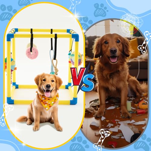 Soulchen Puppy Play Gym with 8 Hanging Toys, Small Dogs Enrichment Interactive Toys 16.5 Inch Pets Indoor Jungle Gym PVC Frame with Bungee Straps Enrichment Activity Center