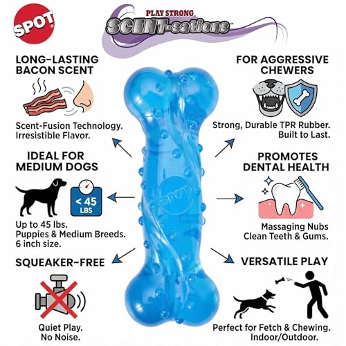 SPOT Play Strong Scent-sations Bone - Scent-Infused, Strong, Durable TPR Rubber, Heavy Duty Dog Toys for Aggressive Chewers up to 45lbs, Perfect for Puppies & Medium Breeds, 6in, Bacon Flavored - color: Blue, size: 6 in