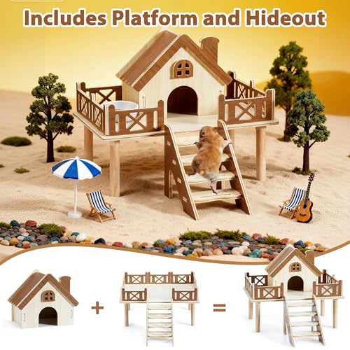 Wooden Hamster Platform and Cute Habitat House with Climbing Ladder - color: platform & house