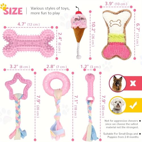 Puppy Chew Toys Set (7-Pack) for Small Dogs – Teething Toys with Squeaky Plush, Rubber Bone, Rope Tug & Ring | Cute Pink Puppy Gift Set with Storage Basket | Washable, BPA-Free, Non-Toxic