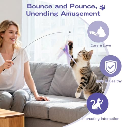 Pawaboo Cat Feather Wand Interactive Toy, 2 Feathers + 1 Wand with Bell - color: Purple