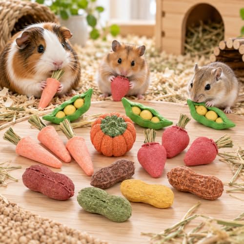 HERCOCCI 15Pcs Guinea Pig Chew Toys, Hamster Toys Prevent Excessive Teeth Growth Natural Vegetables Carrot & Timothy Grass for Guinea Pig Rabbit Chinchillas Gerbil