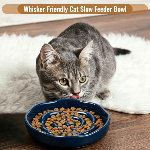 Slow Feeder Cat Bowl Set of 2, Ceramic Slow Feeding Cats Bowl Whisker Friendly, Anti Vomiting Cat Feeder for Dry and Wet Food，Fun Maze Interactive Bloat Stop Puzzle Bowls for Healthy Eating Diet - color: Navy blue