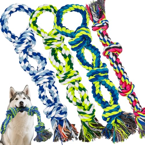 Rocfish [4 Pack] Dog Rope Toys for Aggressive Chewers, Nearly Indestructible Tug of War Toys for Large & Medium Dogs, 100% Cotton, Teeth Cleaning Chew Rope, Heavy Duty Tug of War Dog Toy for Boredom - size: 4 Pack - Dog Rope