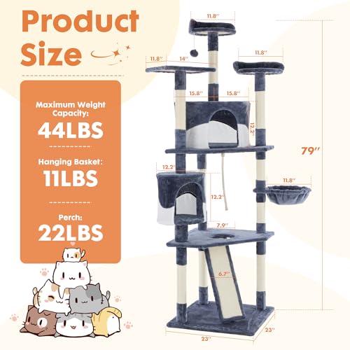 DUMOS Tall 79in Cat Tree Tower with Scratching Posts, Indoor Cats Use - color: Dark Grey, size: 79 Inch
