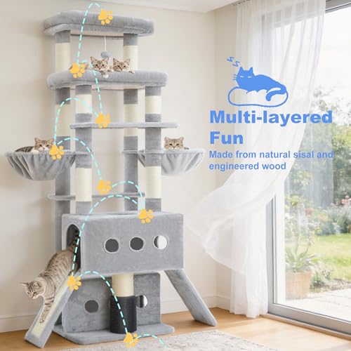 Hey-brother Cat Tree Tower with Multi-Level Platforms, Cozy Condos, MPJ085W - color: Light Gray, size: 71.5 Inches