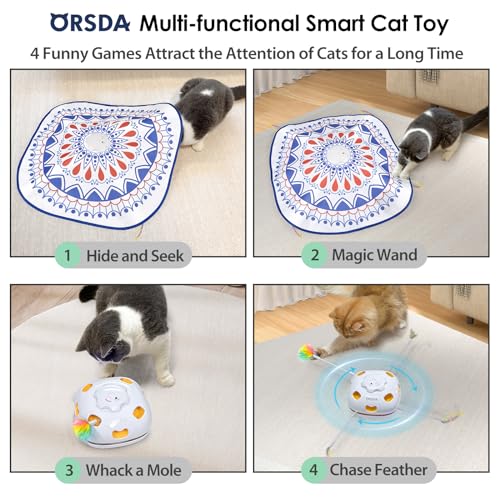 ORSDA Cat Toys, 4 in 1 Interactive Cat Toys for Indoor Kitten, Automatic Electric Enrichment Hide and Seek, Chase the Feather, 8 Holes Mice Whack-A-Mole, Catch Magic Wand