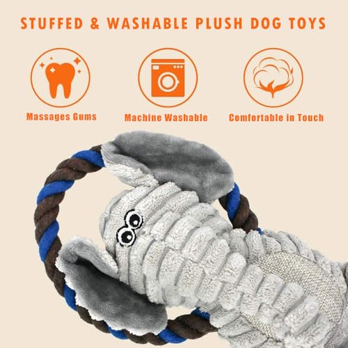 Monkey Rope Dog Toy, Plush Elephant Squeaky Dog Toy, 2 Pack - color: Brown & Grey