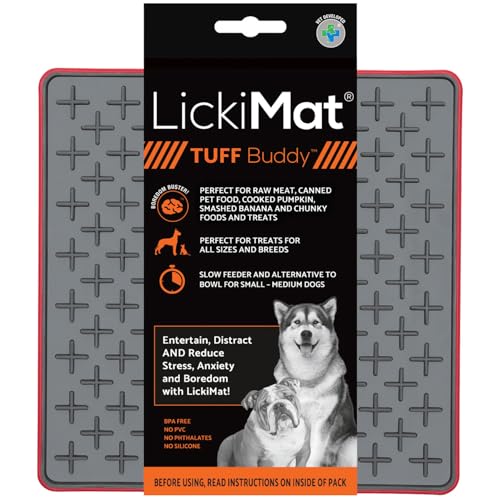 LickiMat Tuff, Heavy-Duty Buddy, Dog Slow Feeder Lick Mat, Boredom Anxiety Reducer; Perfect for Food, Treats, Yogurt, or Peanut Butter, Fun Alternative to a Slow Feed Dog Bowl, Red