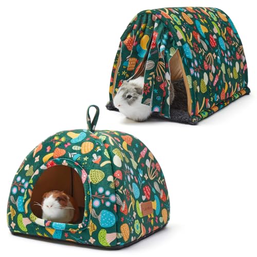 Guinea Pig Hideout Soft Large Bed Tunnel with Door Curtain 2 Pack Guinea Pig Toys Set Bunny Bed Cage Accessories for Small Animals (Blackish Green Mushroom) - color: Blackish Green Mushroom