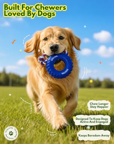 Deeow Tether Dog Tire Chew Toy for Teething & Treat Dispensing-Blue 6.3'' - size: With Rope