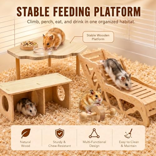 4 PCS Wooden Hamster Platform with Tunnel Ladder Hidden Area Platform