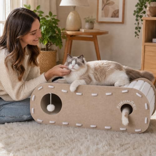 FUKUMARU Cat Bed Cave Tunnel, 31.5 Inch, Cat House Condo Indoor, Beige