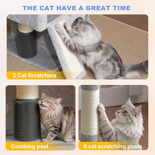 Hey-brother Cat Tree Tower with Multi-Level Platforms, Cozy Condos, MPJ085W - color: Light Gray, size: 71.5 Inches