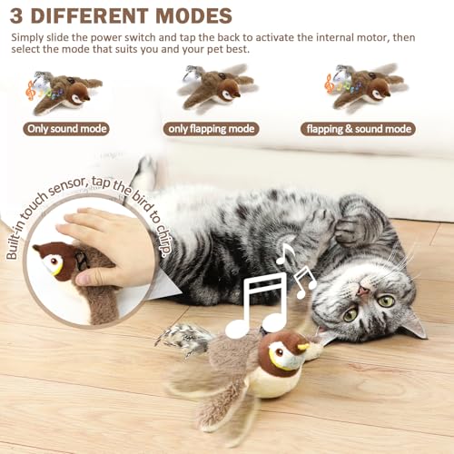 Tocirelo Cat Toy Flapping Bird (No Flying), Simulate Chirping Flappy Bird - color: Brown Bird Cat Toy