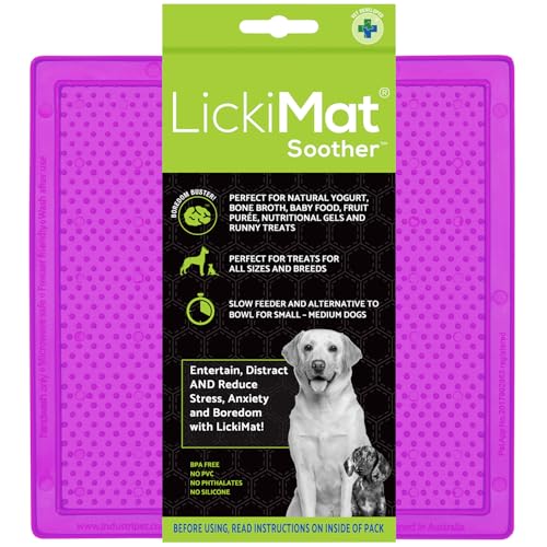 LickiMat Classic Soother Slow Feeder for Dogs Lick Mat Boredom Anxiety Reducer Perfect for Food Treats Yogurt Liquid Food Peanut Butter Fun Alternative to a Slow Feed Dog Bowl, Purple - color: Purple
