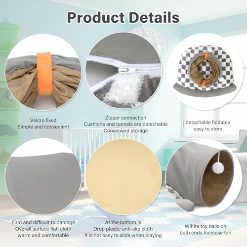 BWOGUE Bunny Tunnel Bed, 2-in-1 Rabbit Tunnel Hideout with Mat, Gray - color: Gray