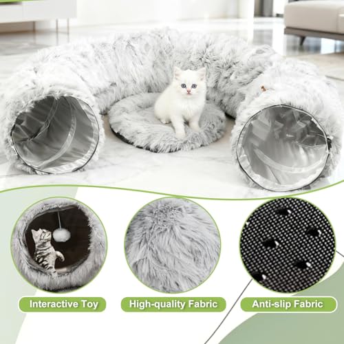 Cat Tunnel Bed for Indoor Cats, Plush Donut Tunnel with Washable Cushion