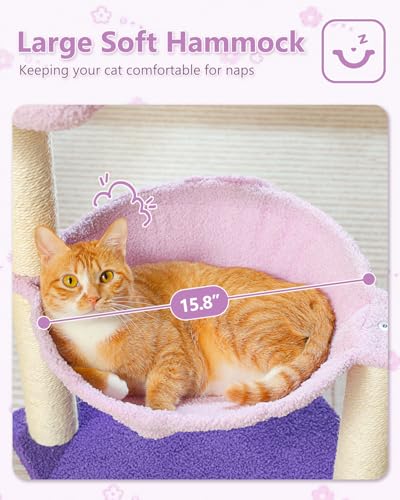 MUTTROS Flower Cat Scratching Post, 28" Cute Cat Tree Tower for Indoor Cats with Large Hammock Soft Perch Bed, Replaceable Toy Ball for Kittens, Purple - color: Purple