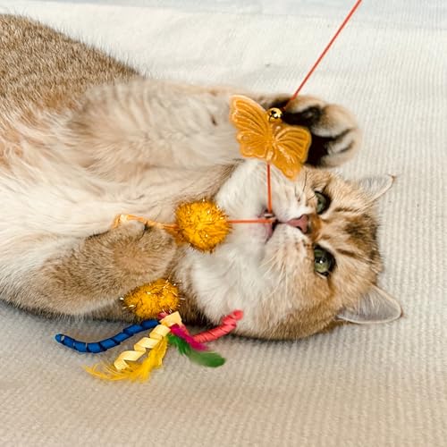 Cat Wand Toys, 3 PCS Vibrant Cat Teaser Wands with Butterfly, Pompom - Elastic Cord Feather Wands Cute Interactive Kitten Toy