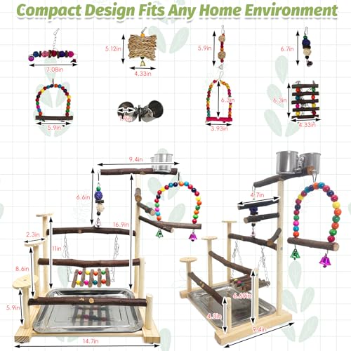 PINVNBY Wood Parrot Perch Stand Bird Playground Portable Exercise Bird Gym - size: Three Floors With Chew Toys